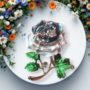 Blue Enamel Rose Brooch